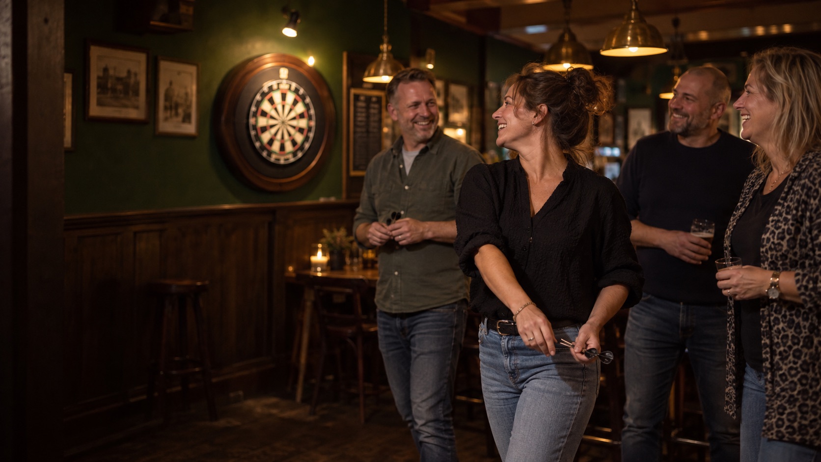 Atmospheric image of teammates enjoying darts in a cosy pub